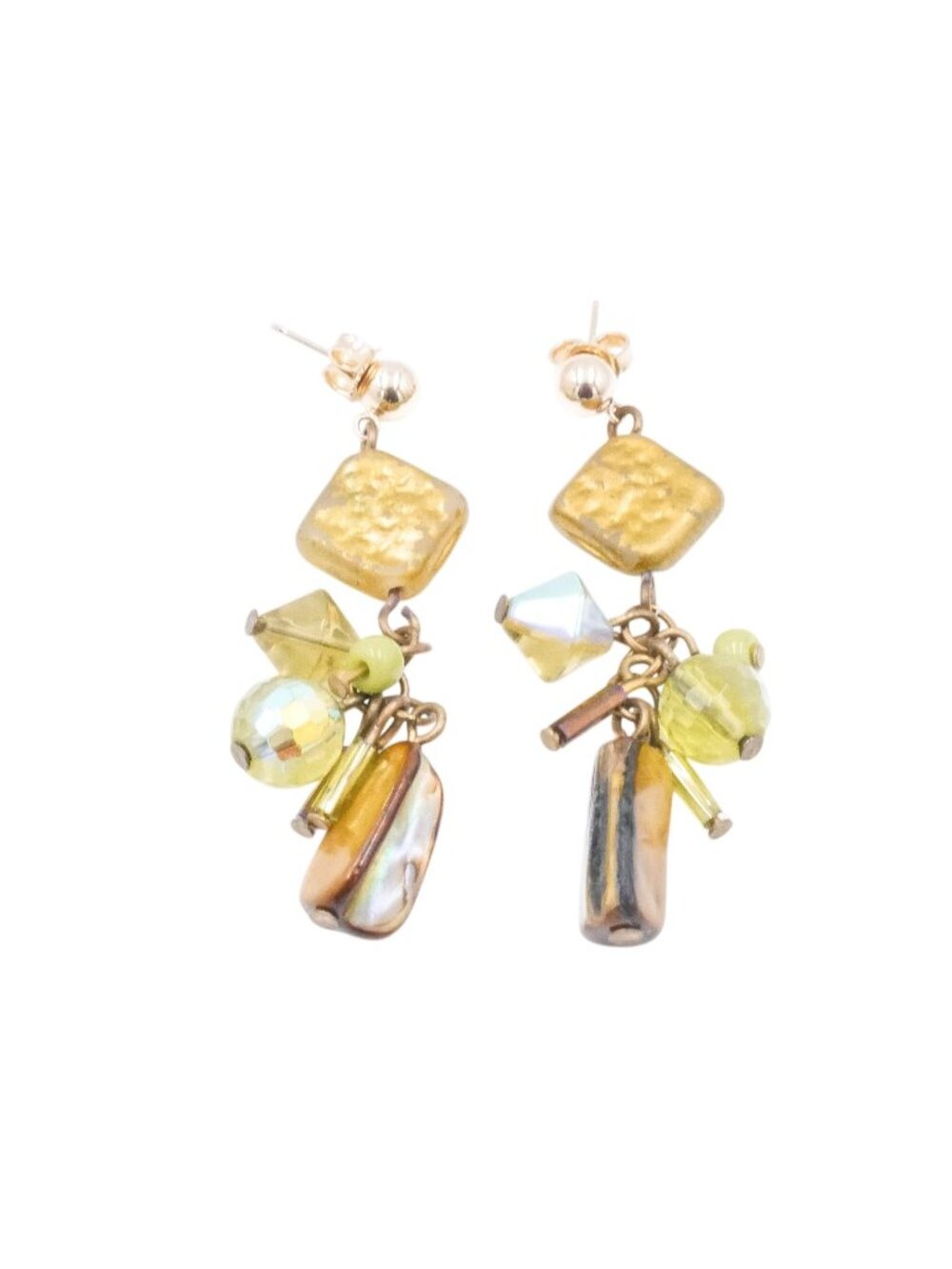 14K Gold Abalone Beaded Dangle Earrings Artisan Multi Bead 2 Inches